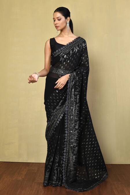 Buy Black Saree Georgette Embroidery Sequin Paisley With Running Blouse ...