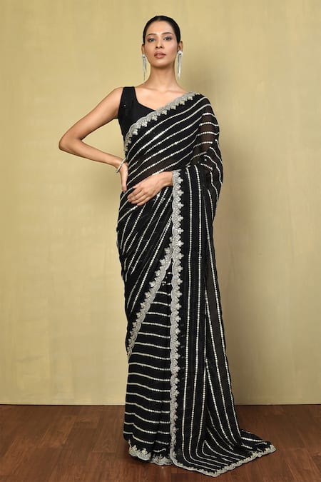 Nazaakat by Samara Singh Black Saree Georgette Embroidery Sequin Stripe With Running Blouse