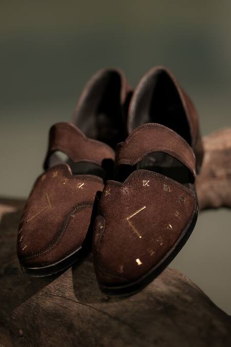 Shop Jatin Malik Brown Clock Pattern Suede Caligae at Aza Fashions Shop_Jatin Malik_Brown Clock Pattern Suede Caligae_at_Aza_Fashions