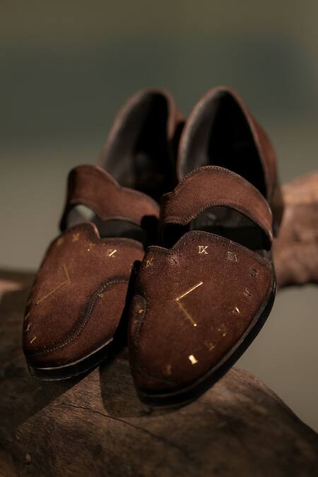 Jatin Malik Brown Clock Pattern Suede Caligae Online at Aza Fashions Jatin Malik_Brown Clock Pattern Suede Caligae_Online_at_Aza_Fashions