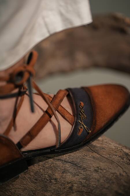 Jatin Malik_Brown Buckles Cross Ankle Strap Suede Caligae _Online_at_Aza_Fashions