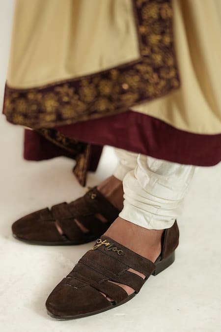 Jatin Malik_Brown Buckles Cut Work Suede Loafers _Online_at_Aza_Fashions
