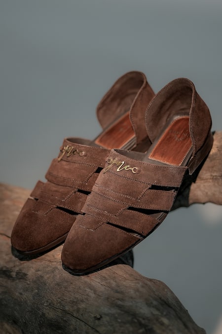 Buy_Jatin Malik_Brown Buckles Cut Work Suede Loafers _Online_at_Aza_Fashions