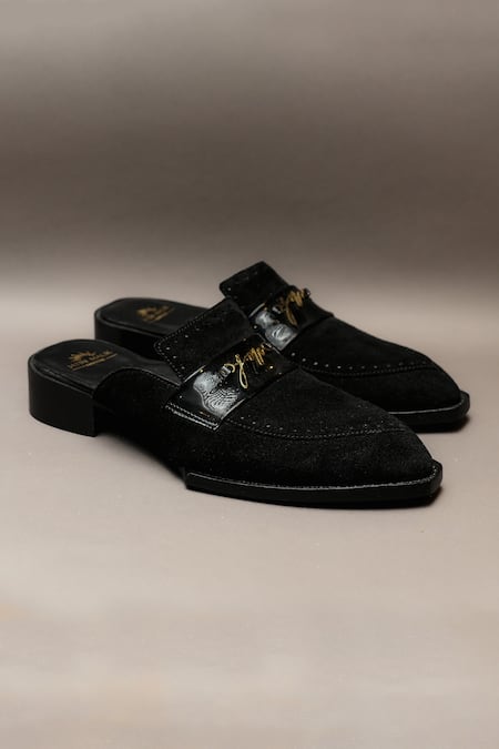 Shop Jatin Malik Black Good Year Welted Suede Mules at Aza Fashions Shop_Jatin Malik_Black Good Year Welted Suede Mules _at_Aza_Fashions