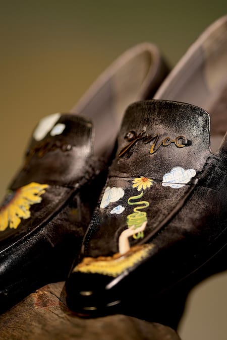 Jatin Malik Black Sunflower Hand Painted Leather Loafers Online at Aza Fashions Jatin Malik_Black Sunflower Hand Painted Leather Loafers _Online_at_Aza_Fashions