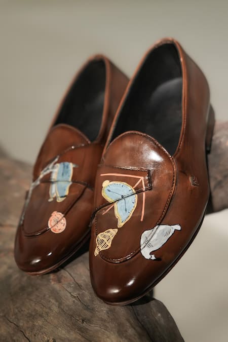 Shop Jatin Malik Brown Clock Hand Painted Leather Loafers at Aza Fashions Shop_Jatin Malik_Brown Clock Hand Painted Leather Loafers _at_Aza_Fashions