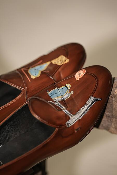Buy Jatin Malik Brown Clock Hand Painted Leather Loafers Online at Aza Fashions Buy_Jatin Malik_Brown Clock Hand Painted Leather Loafers _Online_at_Aza_Fashions