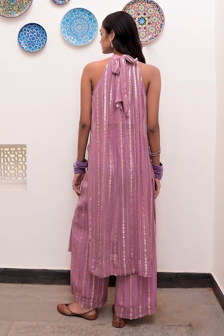 Shop Taro Purple Cotton, Lurex Zari Halter Gulabi Nagri Textured Pattern Tunic And Pant Set at Aza Fashions Shop_Taro_Purple Cotton, Lurex Zari Halter Gulabi Nagri Textured Pattern Tunic And Pant Set _at_Aza_Fashions