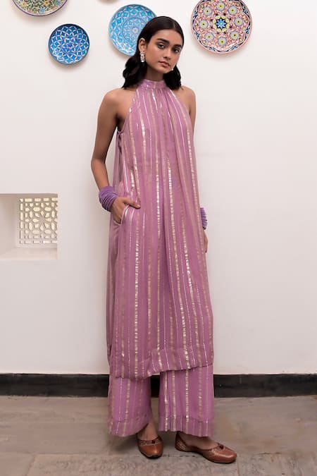 Buy Taro Purple Cotton, Lurex Zari Halter Gulabi Nagri Textured Pattern Tunic And Pant Set Online at Aza Fashions Buy_Taro_Purple Cotton, Lurex Zari Halter Gulabi Nagri Textured Pattern Tunic And Pant Set _Online_at_Aza_Fashions