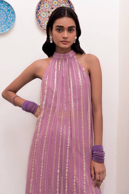 Shop Taro Purple Cotton, Lurex Zari Halter Gulabi Nagri Textured Pattern Tunic And Pant Set Online at Aza Fashions Shop_Taro_Purple Cotton, Lurex Zari Halter Gulabi Nagri Textured Pattern Tunic And Pant Set _Online_at_Aza_Fashions