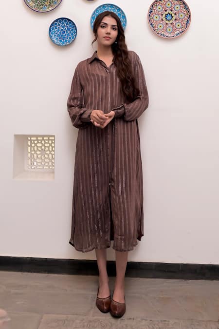 Taro Gulkand Textured Pattern Shirt Dress with Slip 