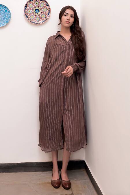 Taro_Brown Cotton, Lurex Zari Collared Gulkand Textured Pattern Shirt Dress With Slip _Online_at_Aza_Fashions