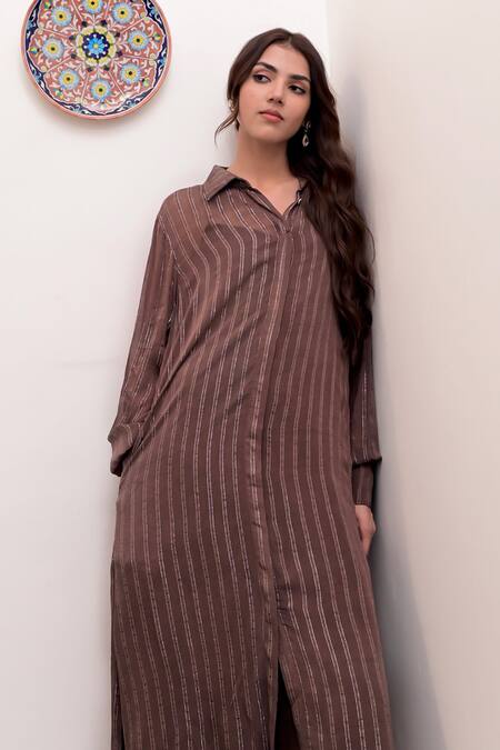 Buy_Taro_Brown Cotton, Lurex Zari Collared Gulkand Textured Pattern Shirt Dress With Slip _Online_at_Aza_Fashions