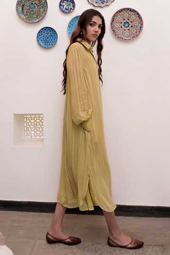 Taro Green Cotton, Lurex Zari Collared Textured Shirt Dress With Slip Online at Aza Fashions Taro_Green Cotton, Lurex Zari Collared Textured Shirt Dress With Slip _Online_at_Aza_Fashions