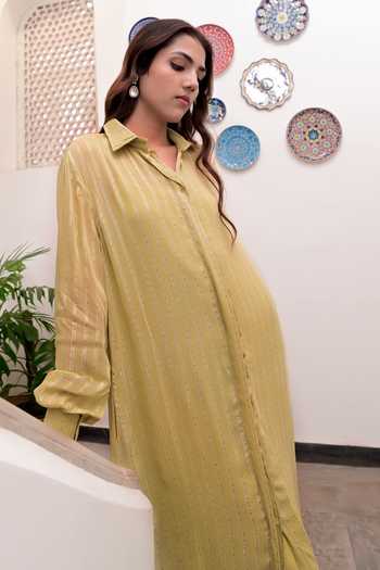 Buy Taro Green Cotton, Lurex Zari Collared Textured Shirt Dress With Slip Online at Aza Fashions Buy_Taro_Green Cotton, Lurex Zari Collared Textured Shirt Dress With Slip _Online_at_Aza_Fashions