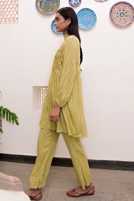 Buy_Taro_Green Cotton, Lurex Zari High Neck Pistavi Textured Pattern Tunic And Pant Set _Online_at_Aza_Fashions