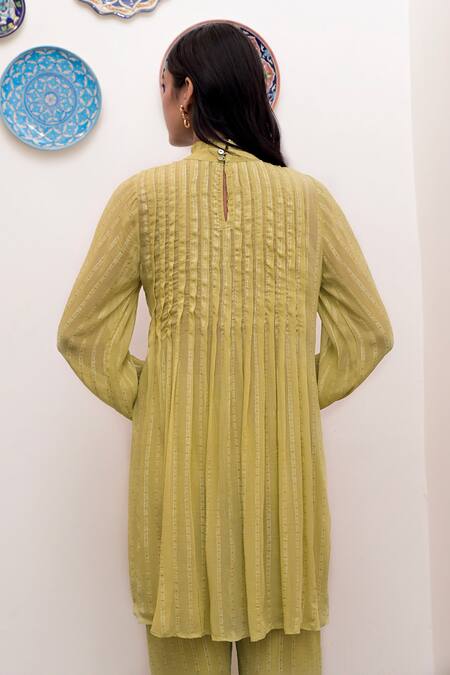 Shop_Taro_Green Cotton, Lurex Zari High Neck Pistavi Textured Pattern Tunic And Pant Set _Online_at_Aza_Fashions