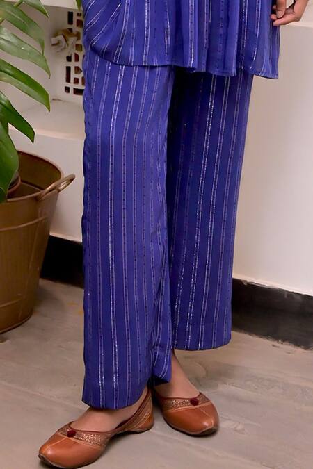 Taro Blue Cotton, Lurex Zari Halter Neck Neelambar Textured Pattern Tunic And Pant Set Online at Aza Fashions Taro_Blue Cotton, Lurex Zari Halter Neck Neelambar Textured Pattern Tunic And Pant Set _Online_at_Aza_Fashions