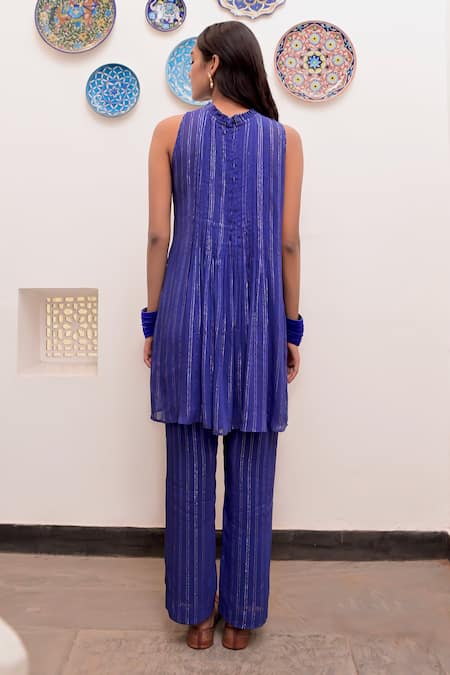 Shop Taro Blue Cotton, Lurex Zari Halter Neck Neelambar Textured Pattern Tunic And Pant Set at Aza Fashions Shop_Taro_Blue Cotton, Lurex Zari Halter Neck Neelambar Textured Pattern Tunic And Pant Set _at_Aza_Fashions