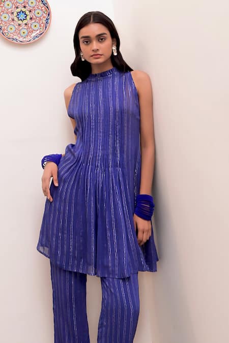Buy Taro Blue Cotton, Lurex Zari Halter Neck Neelambar Textured Pattern Tunic And Pant Set Online at Aza Fashions Buy_Taro_Blue Cotton, Lurex Zari Halter Neck Neelambar Textured Pattern Tunic And Pant Set _Online_at_Aza_Fashions