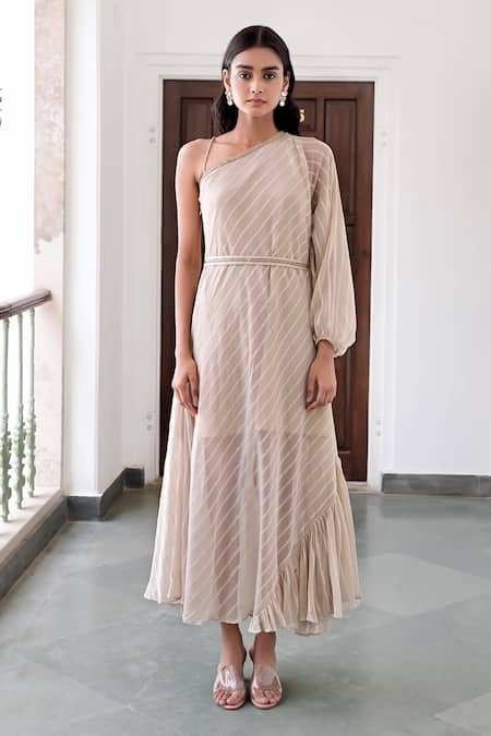 Taro Beige Cotton Crepe Embroidered Striped Suhani Pattern Maxi Dress With Belt 