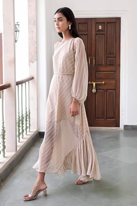 Taro_Beige Cotton, Crepe Lace Asymmetric Suhani Striped Pattern Maxi Dress With Belt _Online_at_Aza_Fashions
