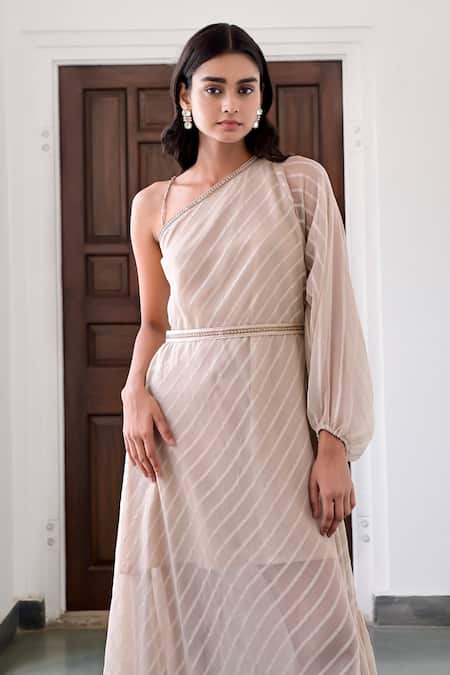 Buy_Taro_Beige Cotton, Crepe Lace Asymmetric Suhani Striped Pattern Maxi Dress With Belt _Online_at_Aza_Fashions