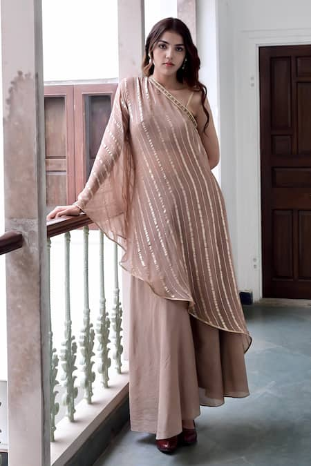 Taro Beige Cotton Lurex Embroidered Zari Sunehri Textured Pattern And Flared Pant Set 