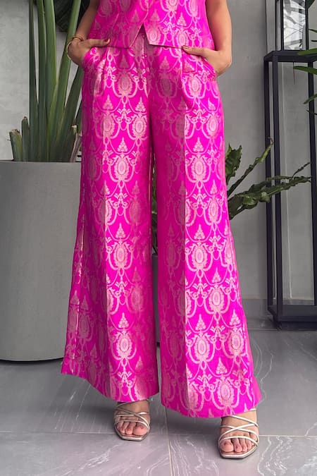 Buy Vineyard Palazzo Pants Silk Brocade Zig Zag In Quartz by Designer  SUKETDHIR Online at Ogaan.com