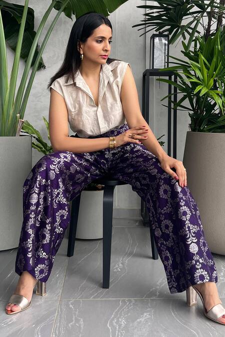 Shop SOBARIKO Silver Silk Woven Floral Spread Collar Shirt And Pant Set at Aza Fashions Shop_SOBARIKO_Silver Silk Woven Floral Spread Collar Shirt And Pant Set _at_Aza_Fashions