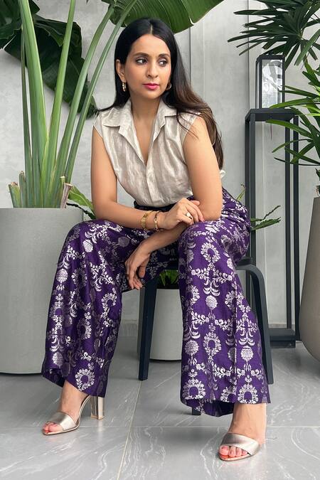 SOBARIKO Silver Silk Woven Floral Spread Collar Shirt And Pant Set Online at Aza Fashions SOBARIKO_Silver Silk Woven Floral Spread Collar Shirt And Pant Set _Online_at_Aza_Fashions
