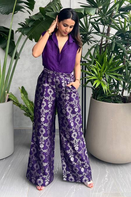 Shop SOBARIKO Purple Silk Embroidery Split V-neck Shirt And Floral Brocade Woven Pant at Aza Fashions Shop_SOBARIKO_Purple Silk Embroidery Split V-neck Shirt And Floral Brocade Woven Pant_at_Aza_Fashions