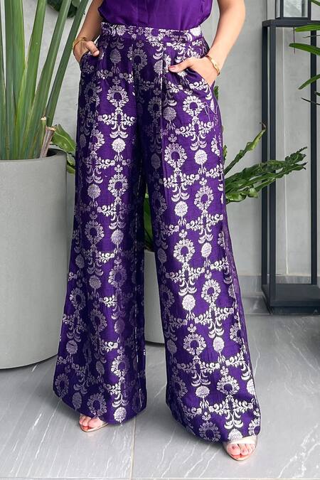 SOBARIKO Purple Silk Embroidery Split V-neck Shirt And Floral Brocade Woven Pant Online at Aza Fashions SOBARIKO_Purple Silk Embroidery Split V-neck Shirt And Floral Brocade Woven Pant_Online_at_Aza_Fashions
