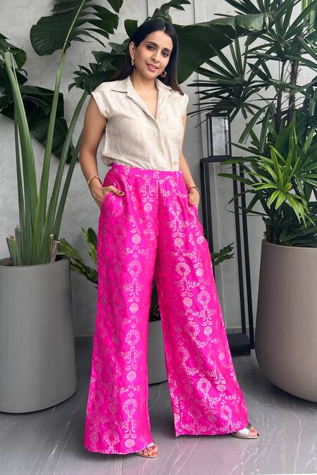 Shop SOBARIKO Silver Silk Woven Floral Spread Collar Shirt And Flower Pant Set at Aza Fashions Shop_SOBARIKO_Silver Silk Woven Floral Spread Collar Shirt And Flower Pant Set_at_Aza_Fashions
