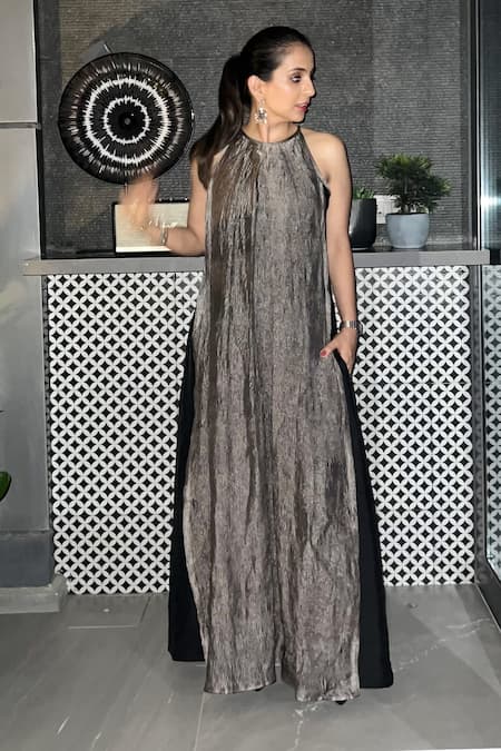 SOBARIKO_Silver Silk Round Neck Metallic Colorblock Dress_Online_at_Aza_Fashions