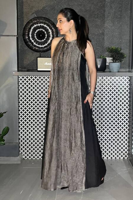 Shop_SOBARIKO_Silver Silk Round Neck Metallic Colorblock Dress_Online_at_Aza_Fashions