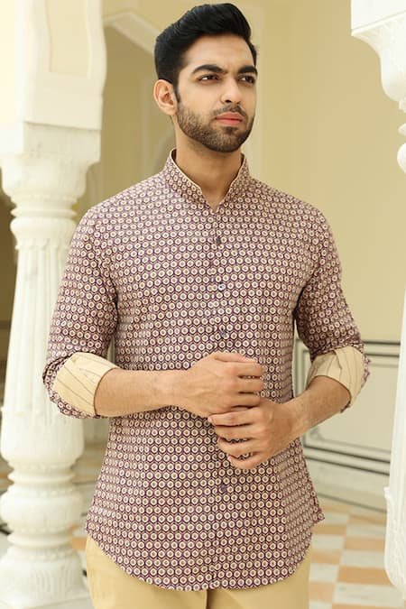 Shop_Rohit Kamra Jaipur_Purple Cotton Embroidery Daisy Print Shirt _at_Aza_Fashions