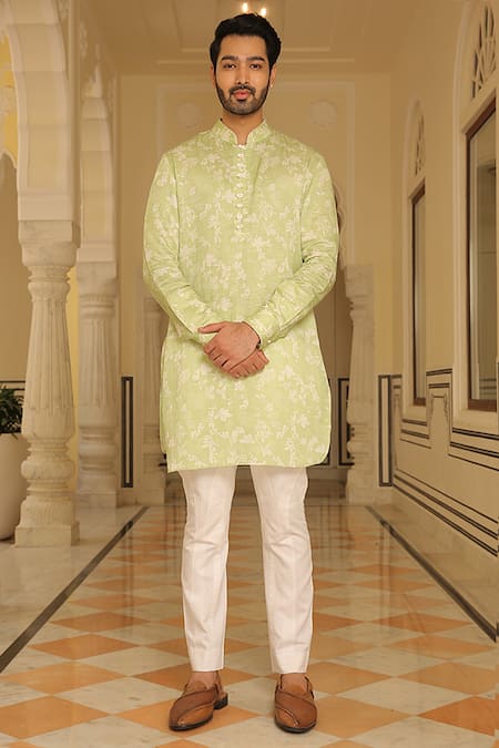 Rohit Kamra Jaipur Green Linen Silk Print Leaf Bloom Kurta  