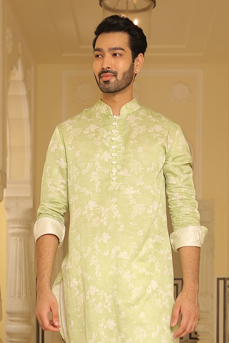 Rohit Kamra Jaipur Linen Silk Leaf Print Kurta 