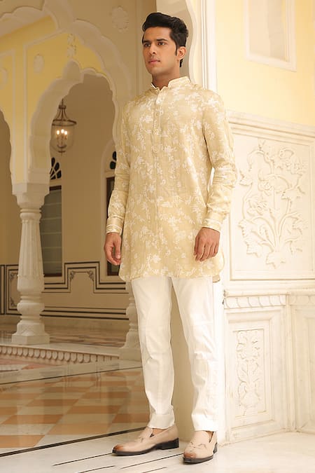 Rohit Kamra Jaipur Linen Silk Leaves Print Kurta 