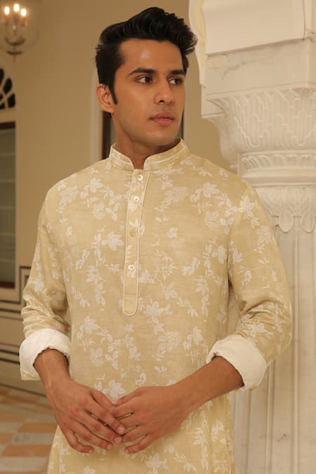 Rohit Kamra Jaipur Linen Silk Leaves Print Kurta 