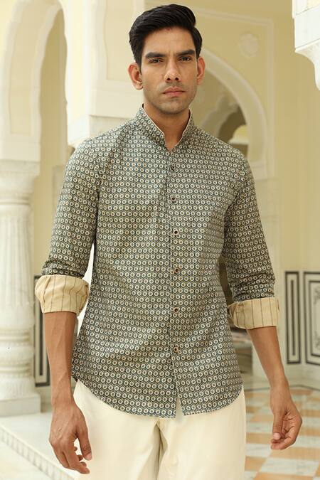 Shop Rohit Kamra Jaipur Green Cotton Daisy Jaal Print Shirt at Aza Fashions Shop_Rohit Kamra Jaipur_Green Cotton Daisy Jaal Print Shirt_at_Aza_Fashions