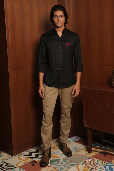 Rohit Kamra Jaipur Black Cotton Placement Embroidery Abstract Shirt 