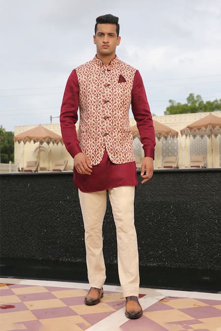 Rohit Kamra Jaipur Cream Silk Print Bloom Jaal Bundi Kurta Set  