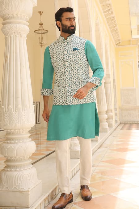 Rohit Kamra Jaipur White Silk Print Bloom Jaal Floral Bundi Kurta Set  