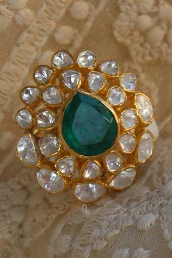 Zeeya Luxury Jewellery_Gold Plated Imitation Diamonds Polki Cut Work Ring_Online_at_Aza_Fashions