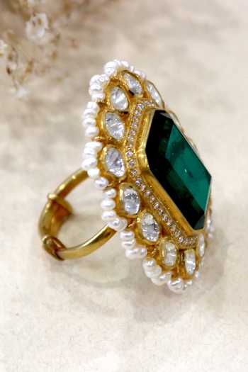 Zeeya Luxury Jewellery_Green Imitation Diamonds Polki Embellished Geometric Ring_Online_at_Aza_Fashions