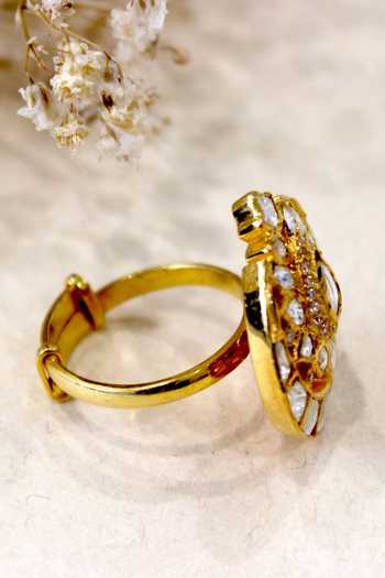 Zeeya Luxury Jewellery_Gold Plated Metallic Thread Polki Encrusted Crescent Ring_Online_at_Aza_Fashions