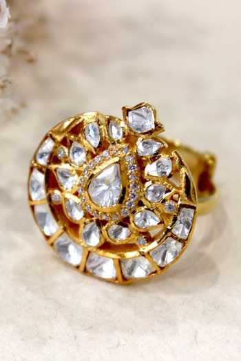 Buy_Zeeya Luxury Jewellery_Gold Plated Metallic Thread Polki Encrusted Crescent Ring_Online_at_Aza_Fashions