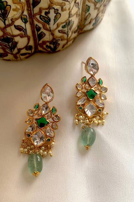 Shop Zeeya Luxury Jewellery Green Mirrors, Beads Polki Embellished Dangler Earrings at Aza Fashions Shop_Zeeya Luxury Jewellery_Green Mirrors, Beads Polki Embellished Dangler Earrings_at_Aza_Fashions